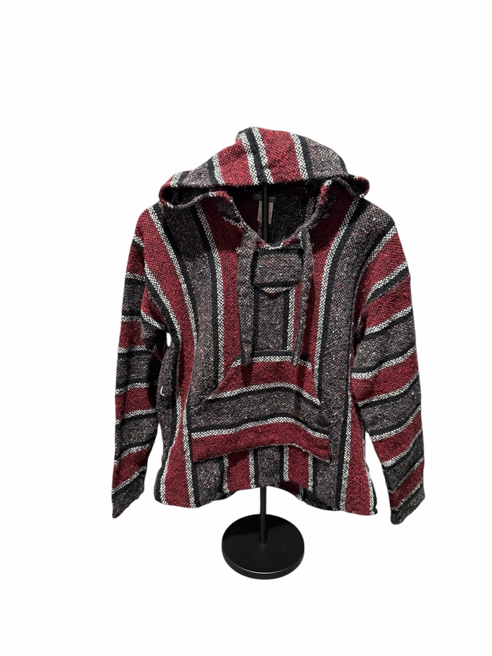 Earthbound Trading Co Baja Hoodie Red Grey Striped Mexican Poncho Pullover Small